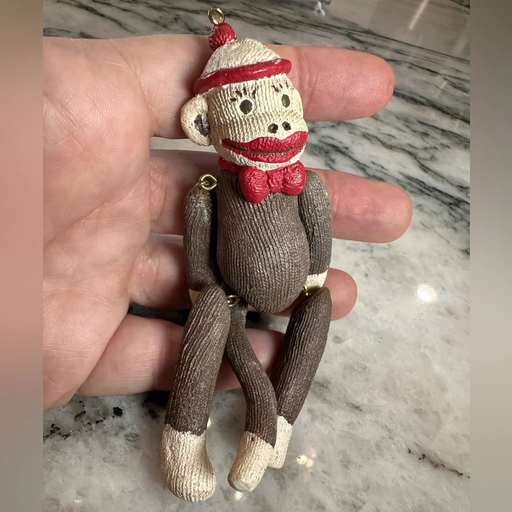 Vintage sock monkey jointed Christmas ornament